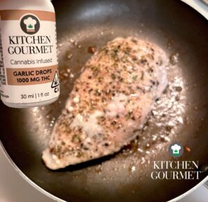 Chicken frying in a pan seasoned with pepper, salt, and italian herbs. Also has Kitchen Gourmet marinade.